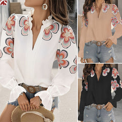 New Fashion V-neck Puff Sleeve Ruffles Blouse For Women