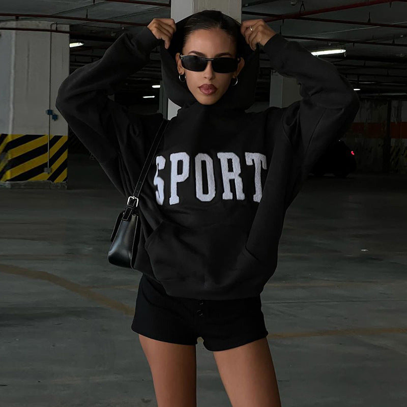 Women's Letter Embroidered Hooded Pullover Sweater