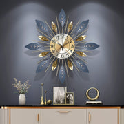 21.6 Inch Golden Blue Metal Leaf Design Wall Clock, Silent Non-1Ticking, Elegant HomeDecor For Living Room, Bedroom Wall Clock