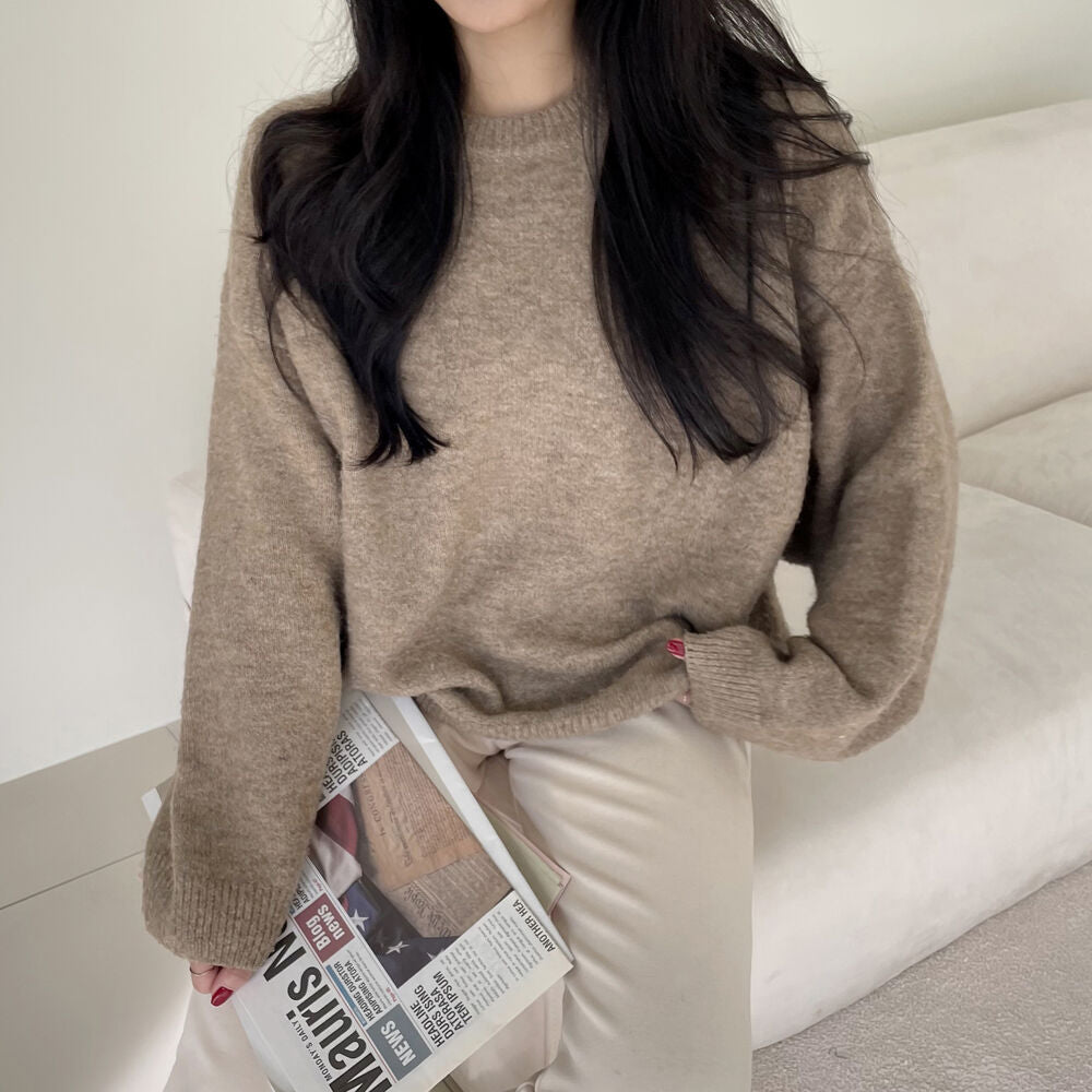 Korean Style Sweater Idle Style Casual Loose Solid Color Round Neck Sweater