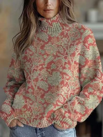Womens Floral-print Turtleneck Sweater