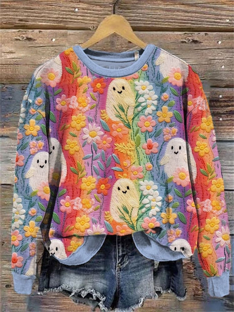 Women's Festive Pumpkin Print Crewneck Sweatshirt