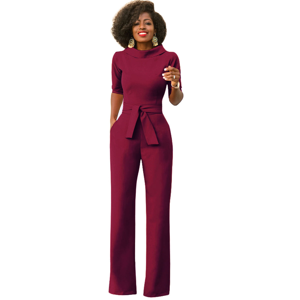 Women's Solid Color Five Quarter Sleeve High Waist Wide Leg Jumpsuit