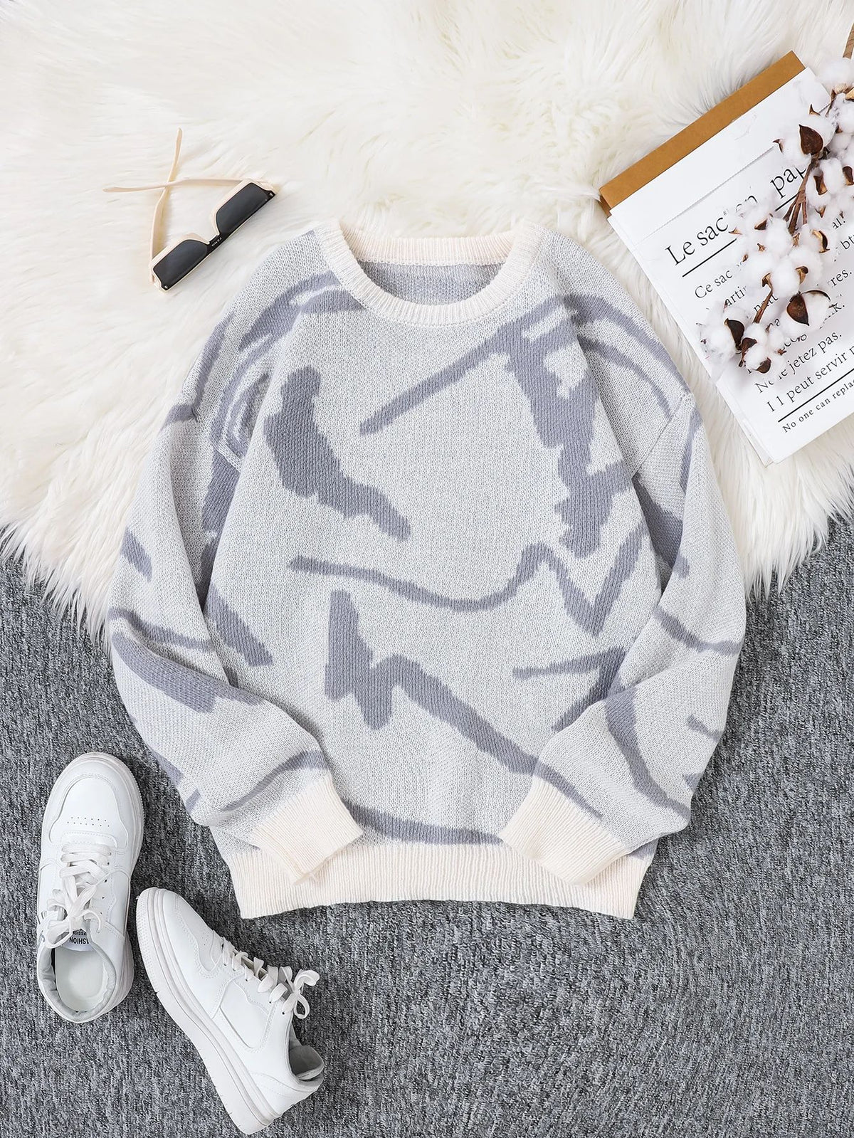 Spring and Autumn Popular Graffiti Jacquard Pullover
