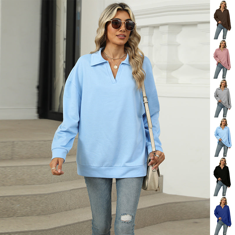 Casual V-Neck Lapel Long-Sleeve Pullover Sweatshirt