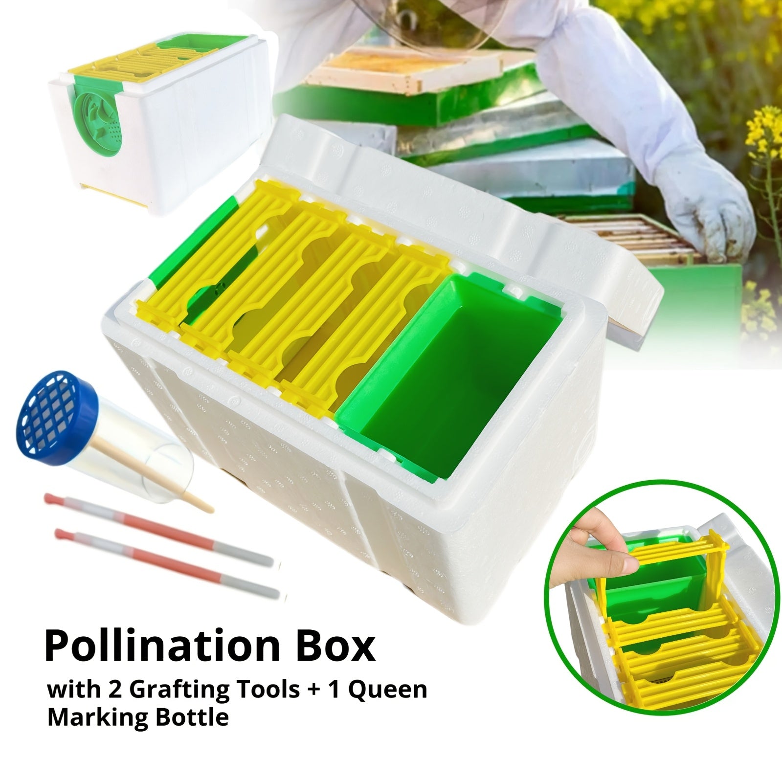 Professional Queen Rearing Kit with Mating Box, High‑Density Foam Hive and Four Frames, Grafting Tools and Queen Marking Bottle