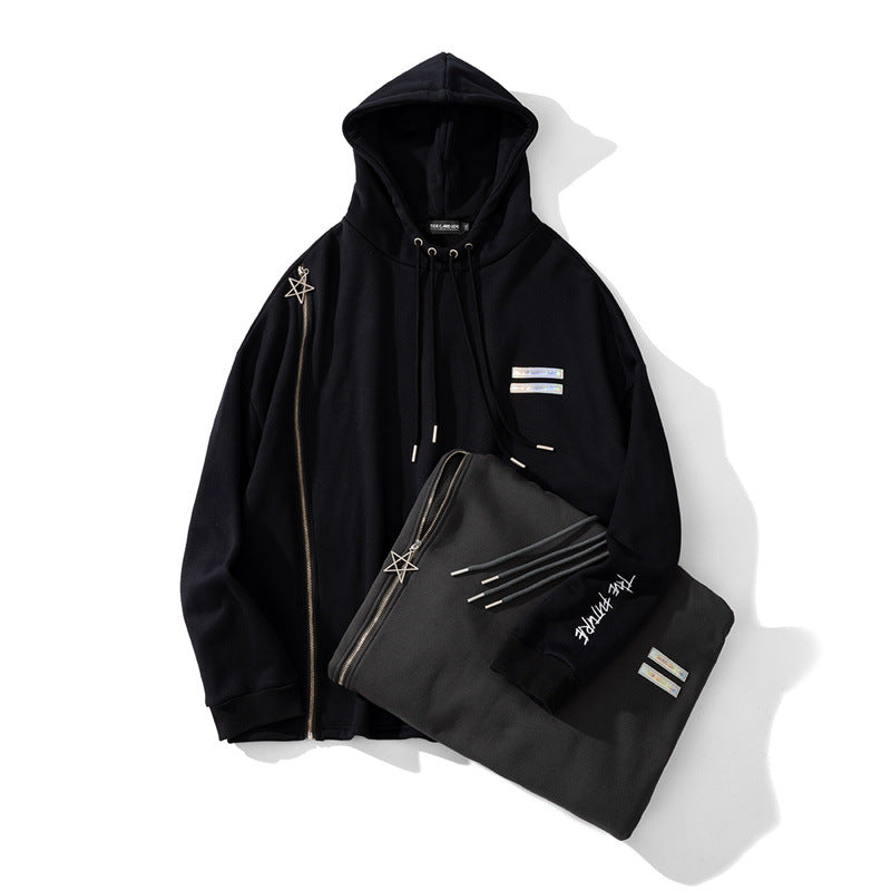 Retro Fleece Zip Hoodie with Drawstring & Pockets