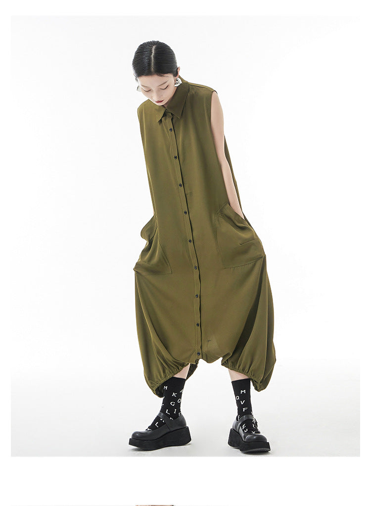 Women's Summer Thin Japanese Lapel Sleeveless Jumpsuit
