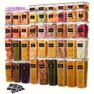 12/24/48pcs Airtight Food Storage Containers With Lids, BPA Free Plastic Kitchen Storage Containers For Spaghetti, Cereal, Pasta, Flour And Sugar Containers, 24 Lids+24 Containers