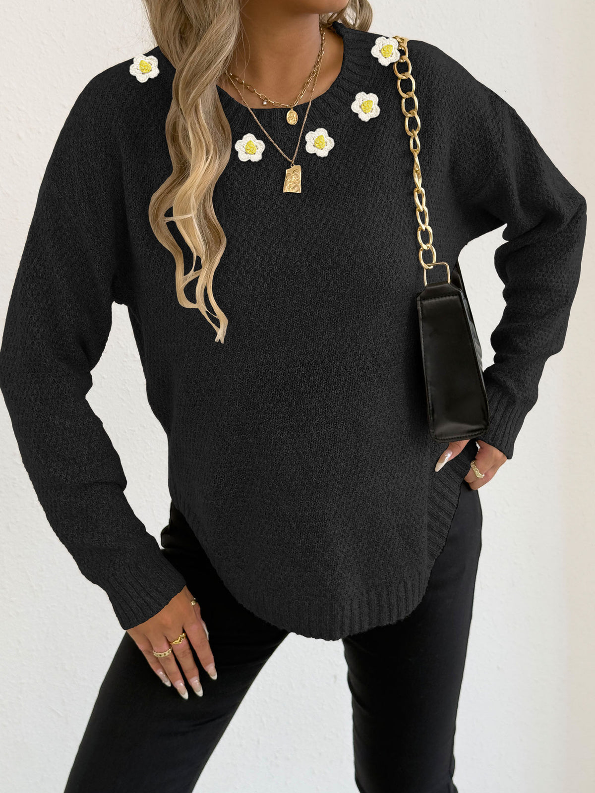 Women's Crochet Patchwork Round Neck Comfort and Casual Sweater