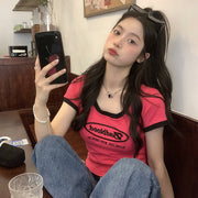 American-Style Color‑Block Slim Cropped Top – Flattering Short‑Sleeve Tee