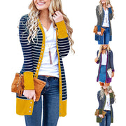 Plus Size Striped Mid-Length Cardigan Sweater