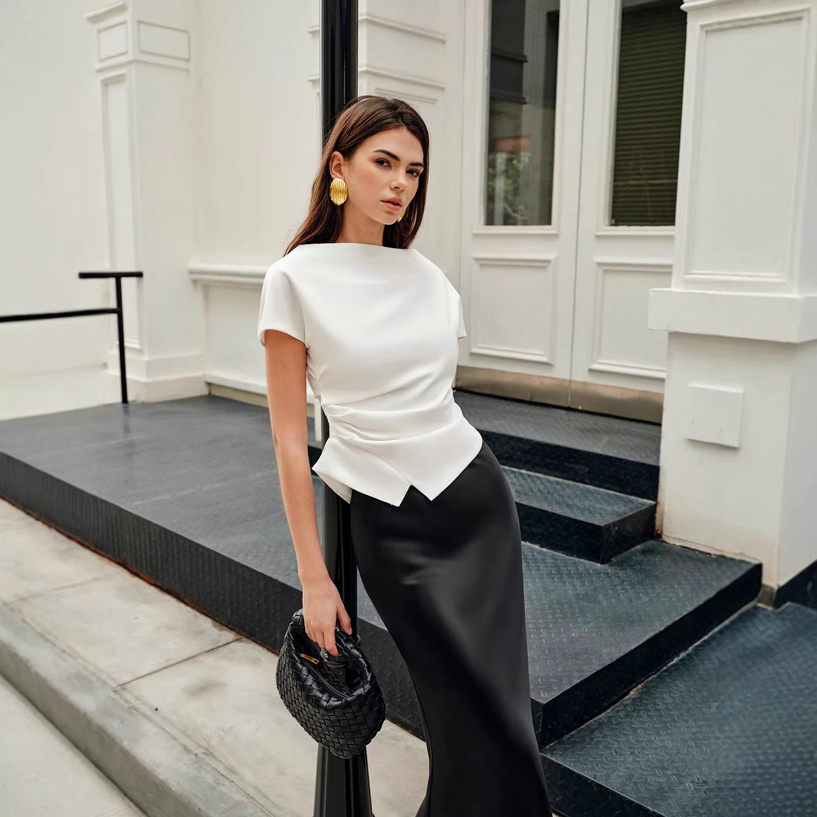 Women's Elegant Pleated Simple Solid-Color T-Shirt