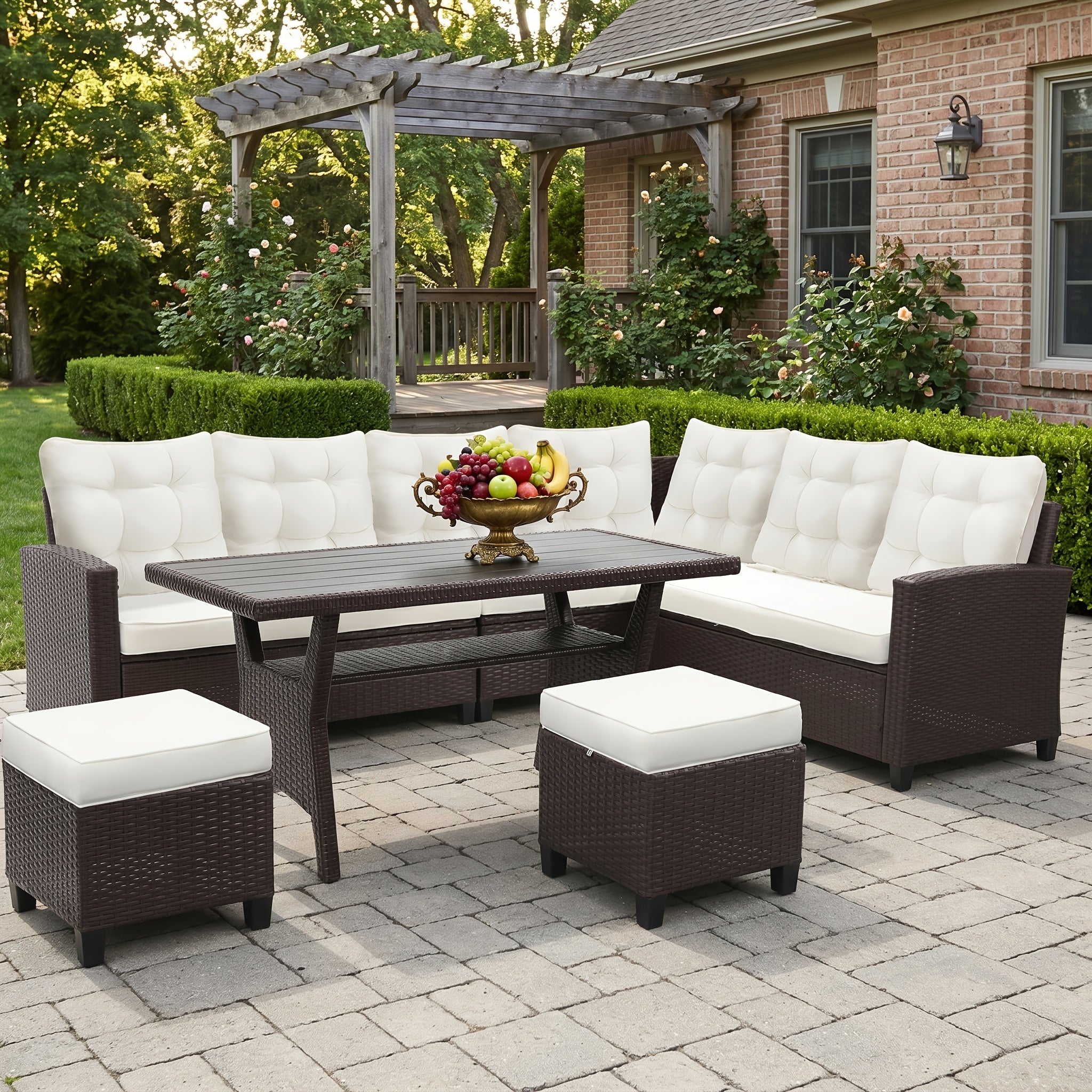 6pcs Modular Outdoor Patio Furniture Set with Foam Cushions & PE Wicker Frame - All-Weather Sectional Sofa, Dining Table, Chairs & Ottoman Suitable for Backyard, Garden, Balcony, Deck - -Shaped or Straight Configurations