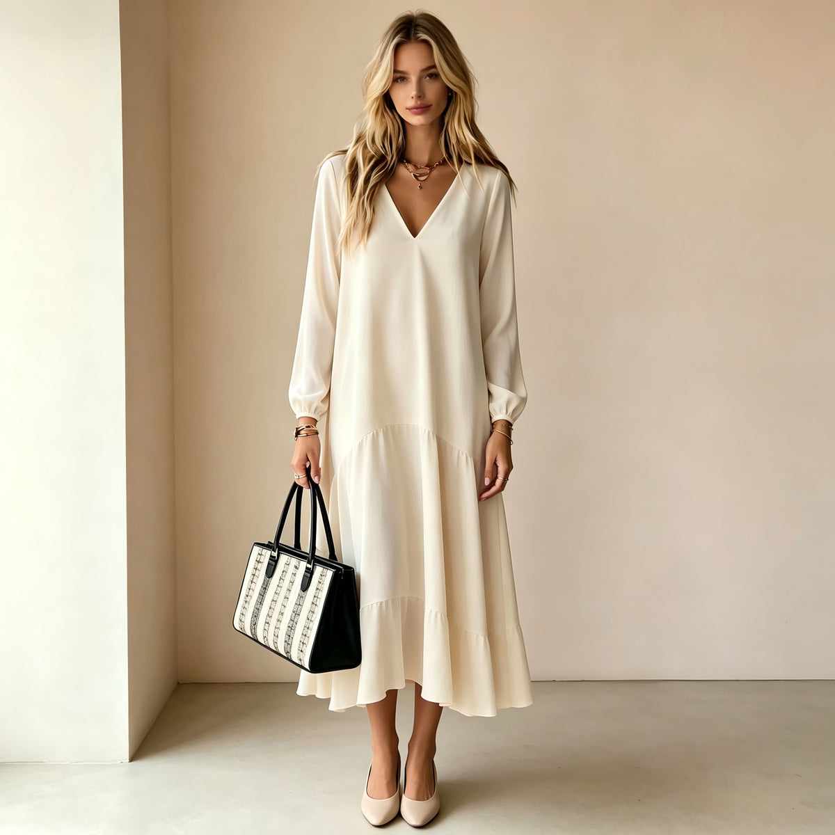 Elegant V-Neck Long-Sleeve Maxi Dress