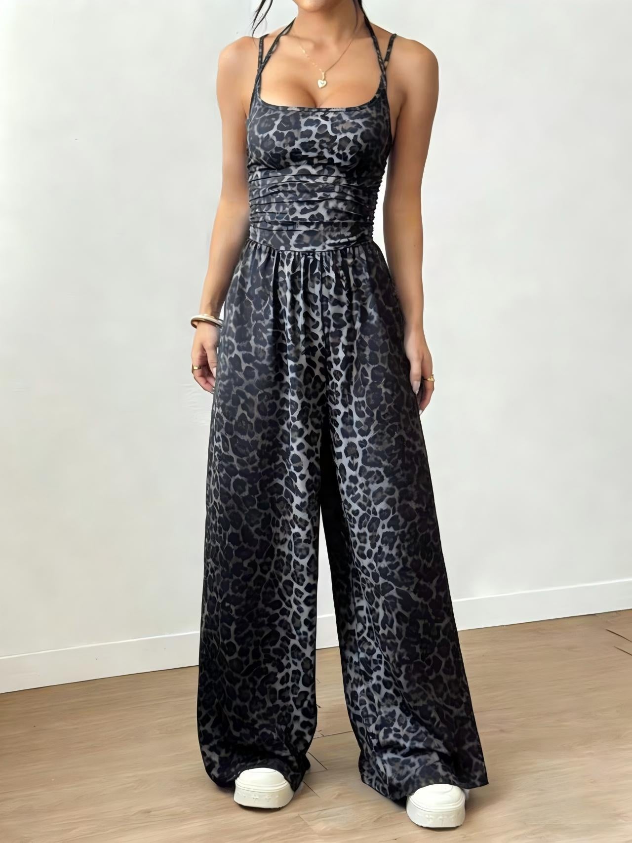 Women's Leopard-Print Strappy Wide-Leg Jumpsuit