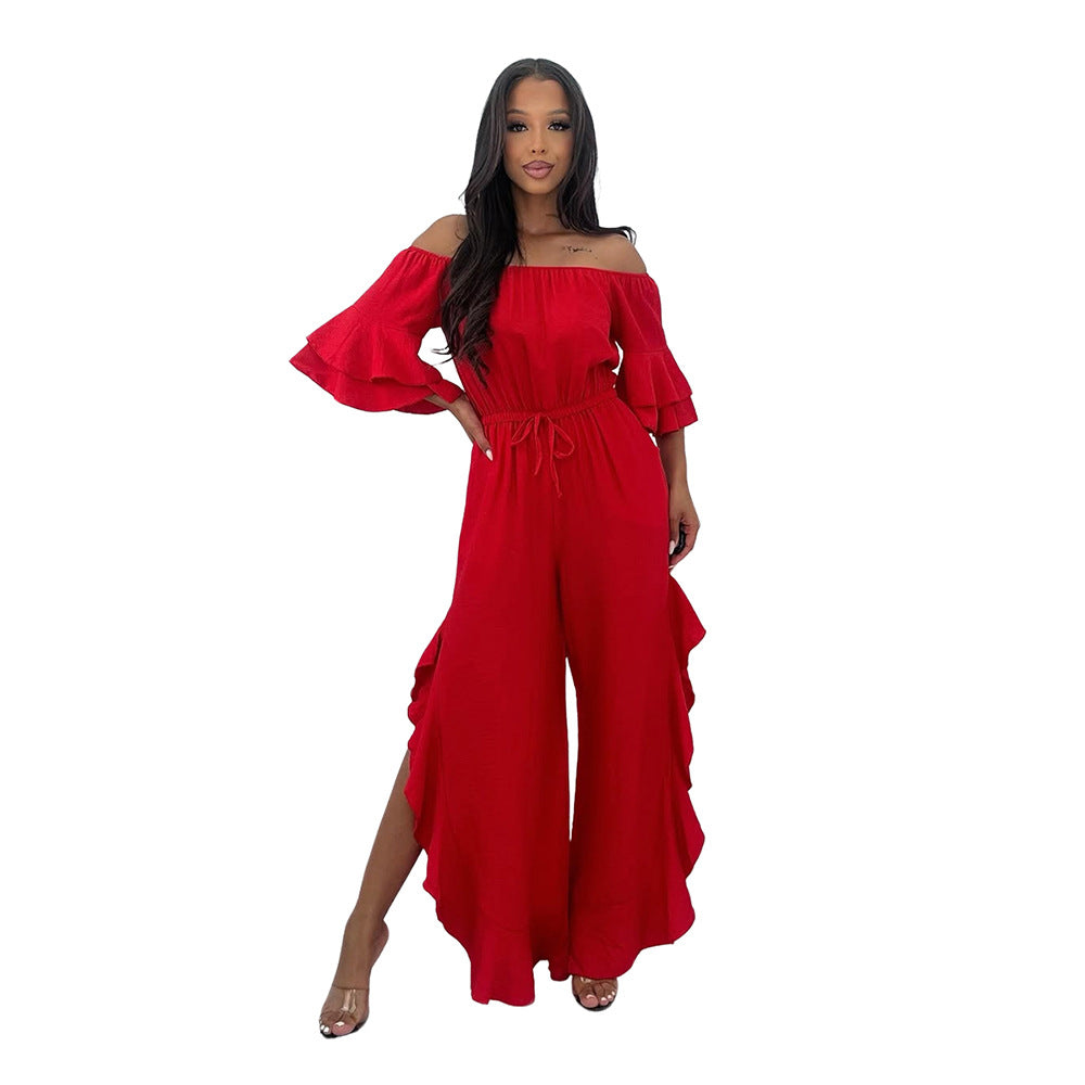 Chic Off-Shoulder Solid Jumpsuit with Belt