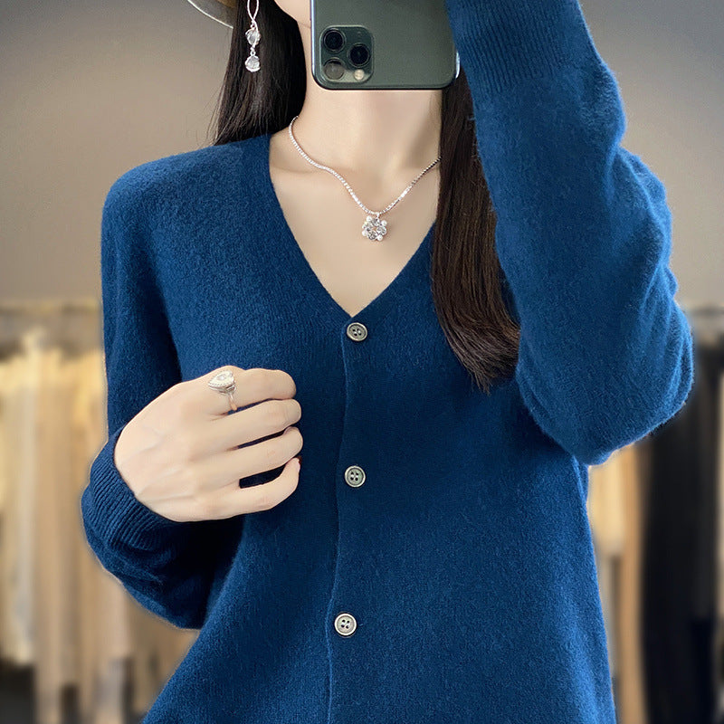 Womens Wool Cardigan Long-sleeve V-neck Sweater Coat