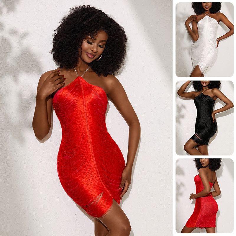 Fringe-neck Sheath Dress with Sequins Party Gown