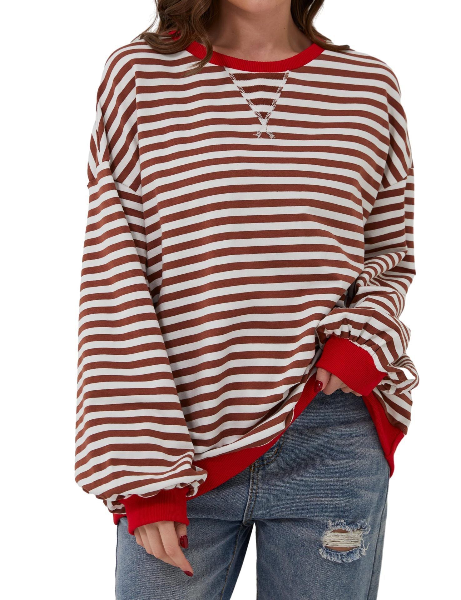 Casual Striped Round Neck Long Sleeve Slim Pullover Top