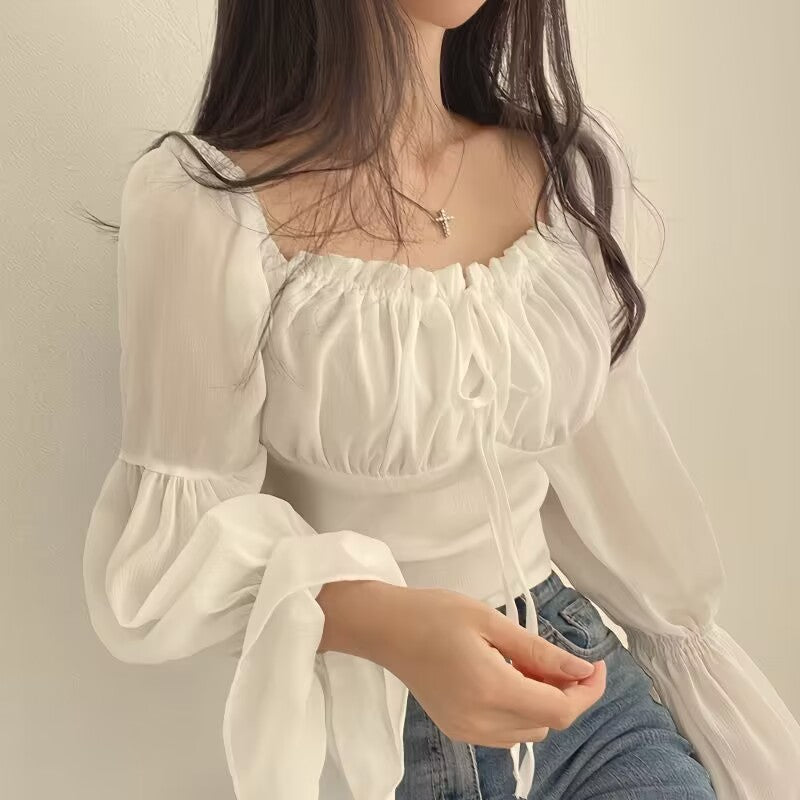 Early Spring French Minority Stringy Selvedge Lace-up Square-neck Cinched Bell Sleeve Chiffon Shirt Short Shirt