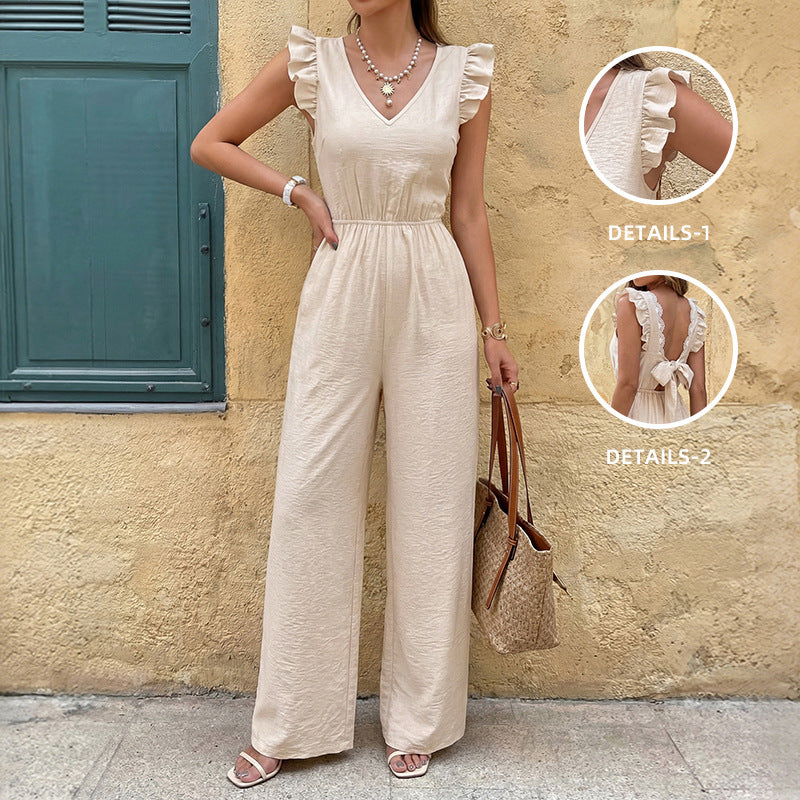 Chic French Country Ruffled Bow Jumpsuit