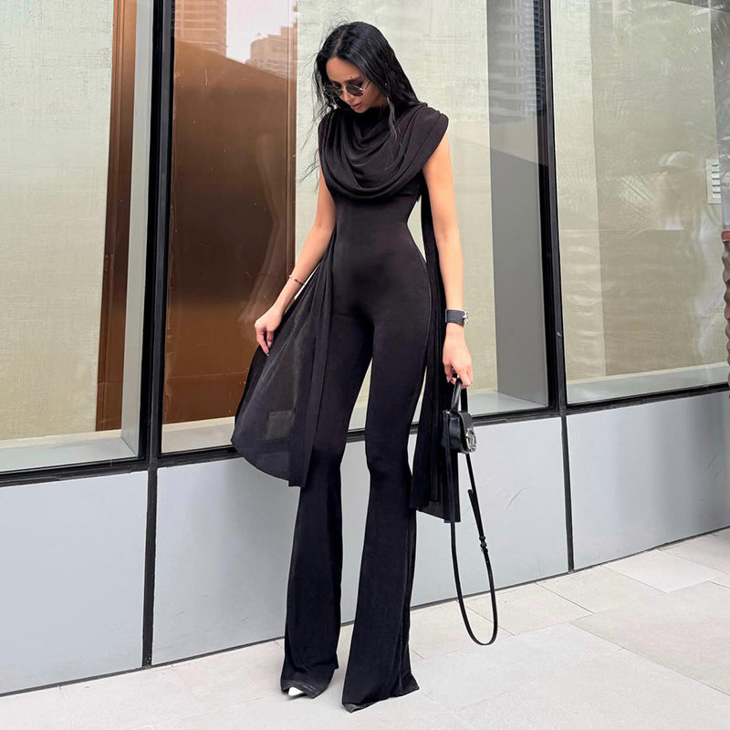 Elegant High-Waist Mesh Jumpsuit with Flowing Ribbons