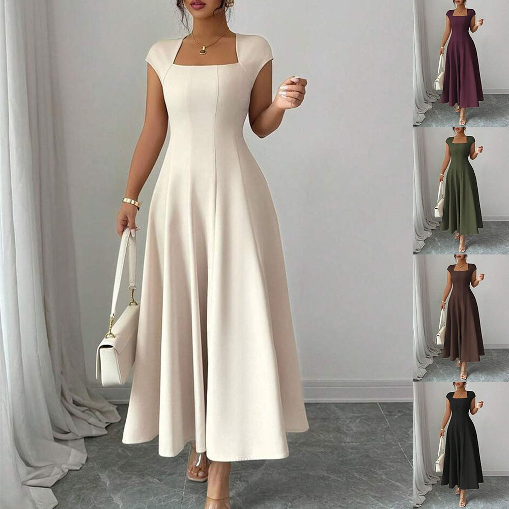 Elegant Long Dress with a Square Neckline and Short Sleeves