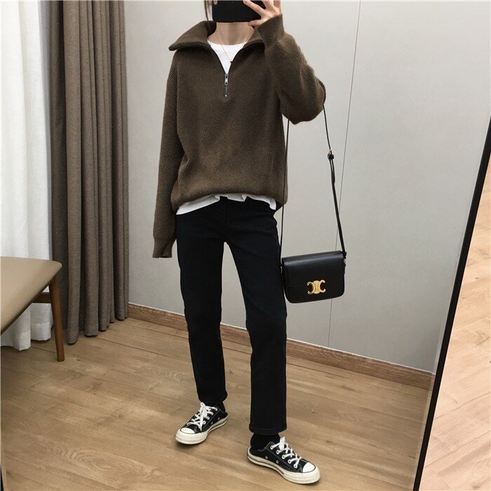 Women's Elegant Lapel Zipper Pullover Sweater