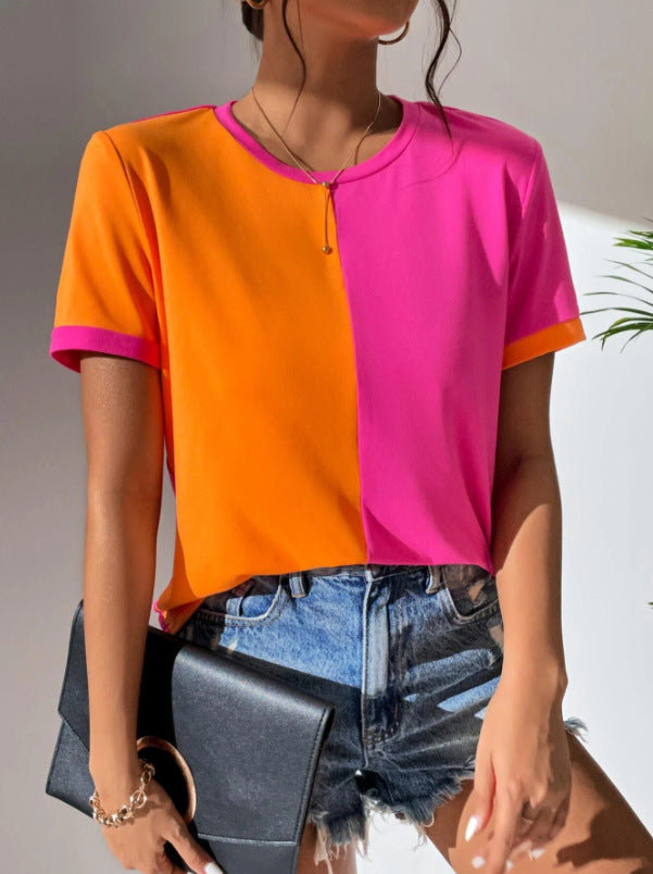 Casual Colorblock Short Sleeve Round Neck Tee