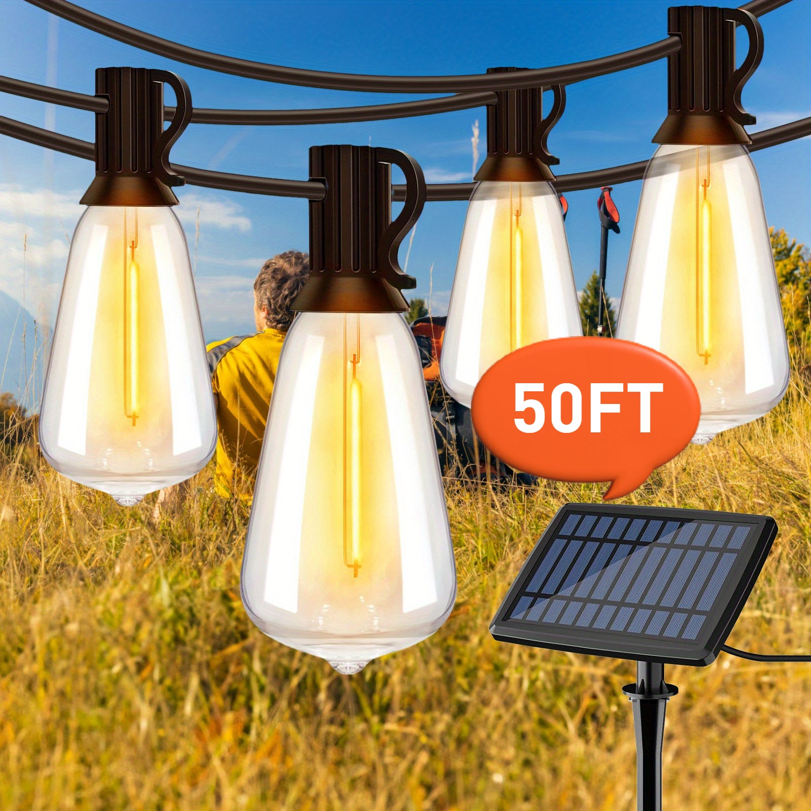 Solar Lights Outdoor Waterproof, 100ft/50ft LED String Lights with Shatterproof ST38 Dimmable Globe Bulb, Strong-Weak-Flash-Breath 4 Modes, Solar Outdoor Lights for Yard, Pool, Camping, Decor...