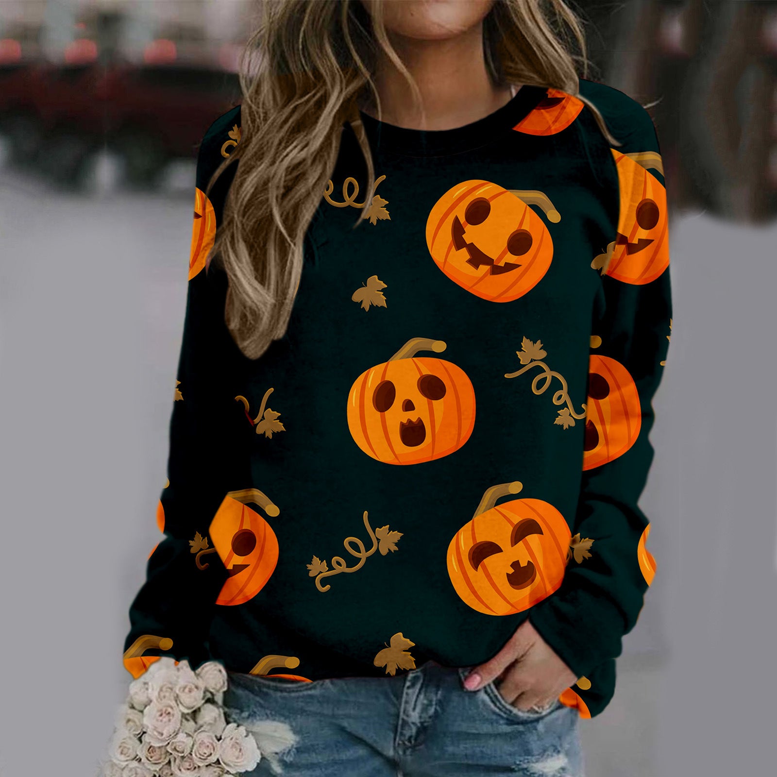 Women's Halloween Print Long Sleeve Casual Round Neck Sweater