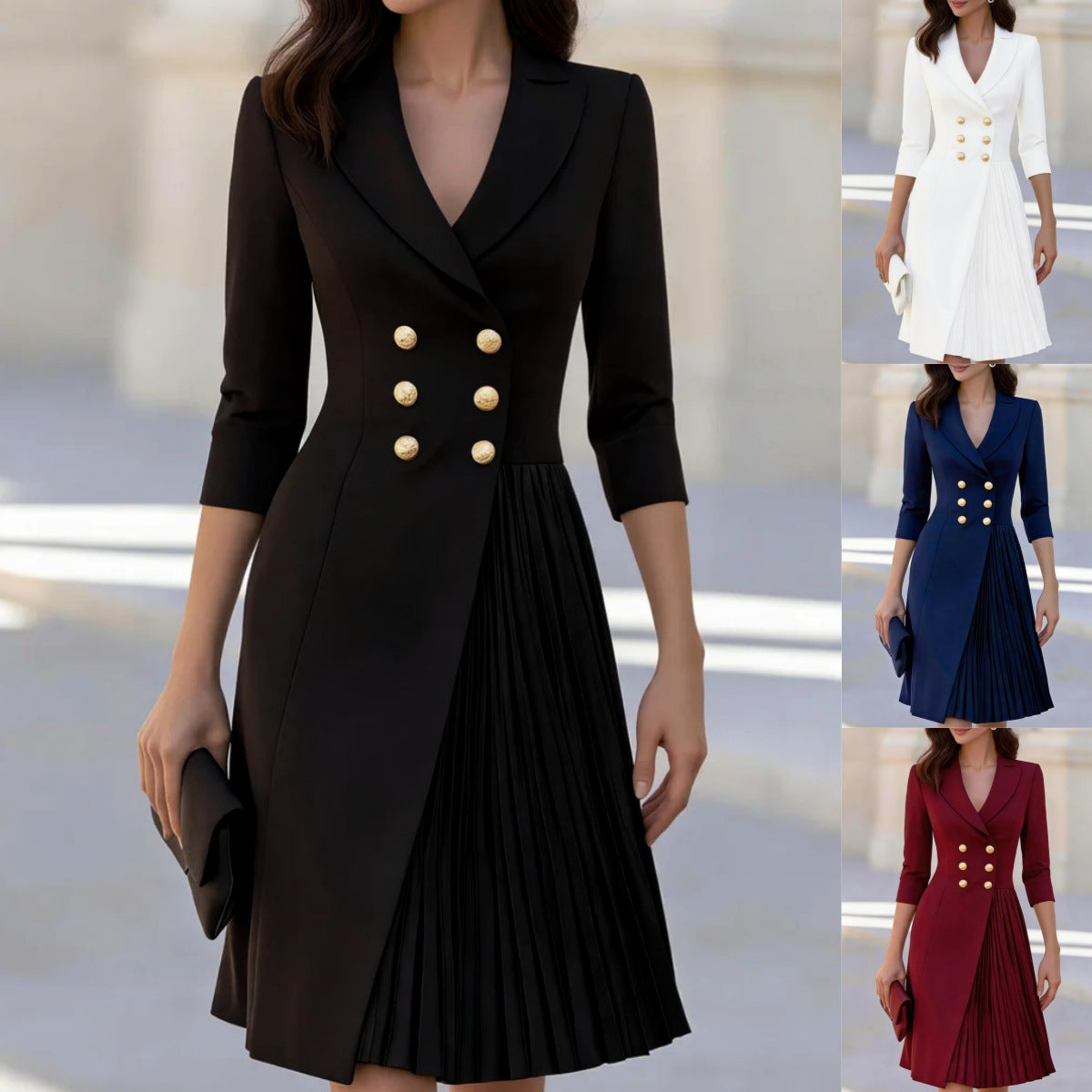 Three-quarter-sleeve Double-breasted Suit Dress