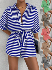Women's Striped Jumpsuit, European & American Style Notched Collar, Button Front, Self Fabric Belt, Short Length