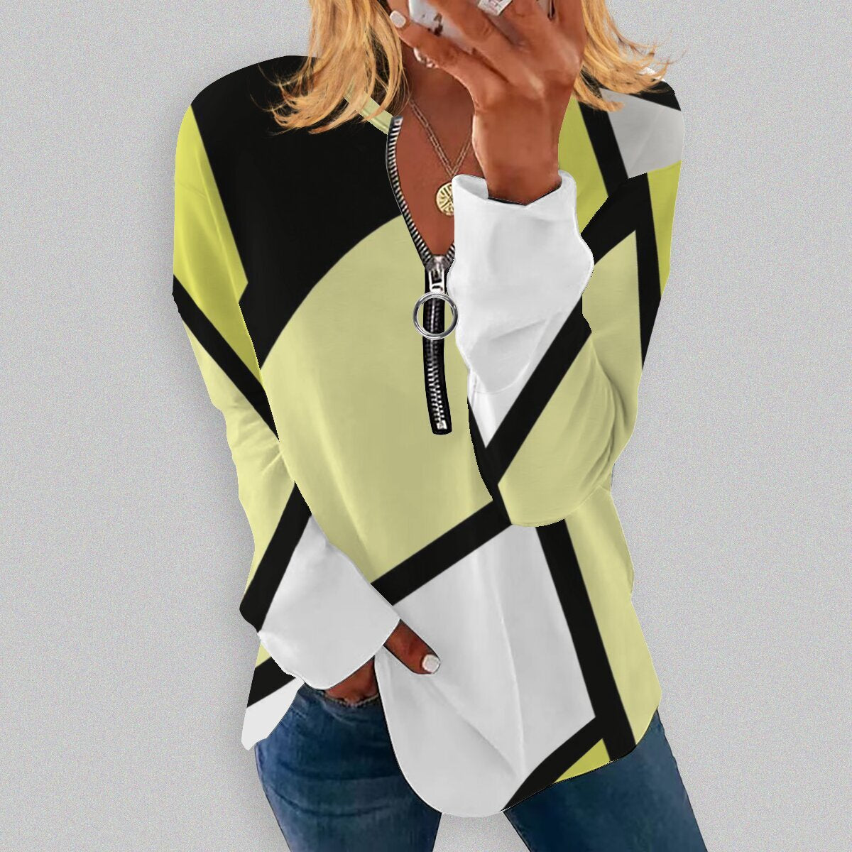 Geometric Print Retro Long-Sleeve Zip Pullover