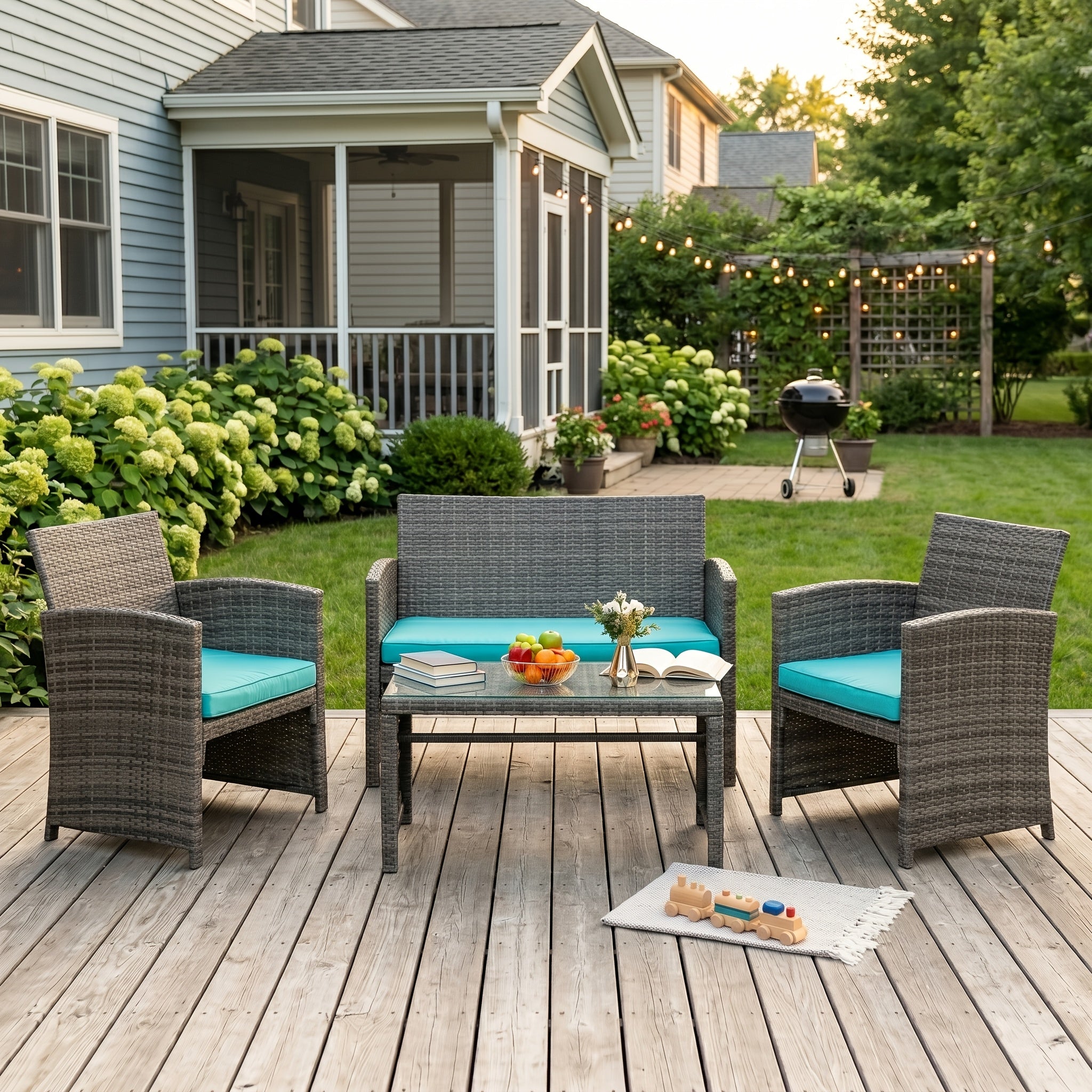 [Rattan Chat Set] SUNLEI 4pcs Rattan Chat Set for Outdoors, Featuring a Tempered Glass Coffee Table, Comfortable Cushions, And Rattan Chairs Ideal for Gardens, Backyards, And Pool Areas