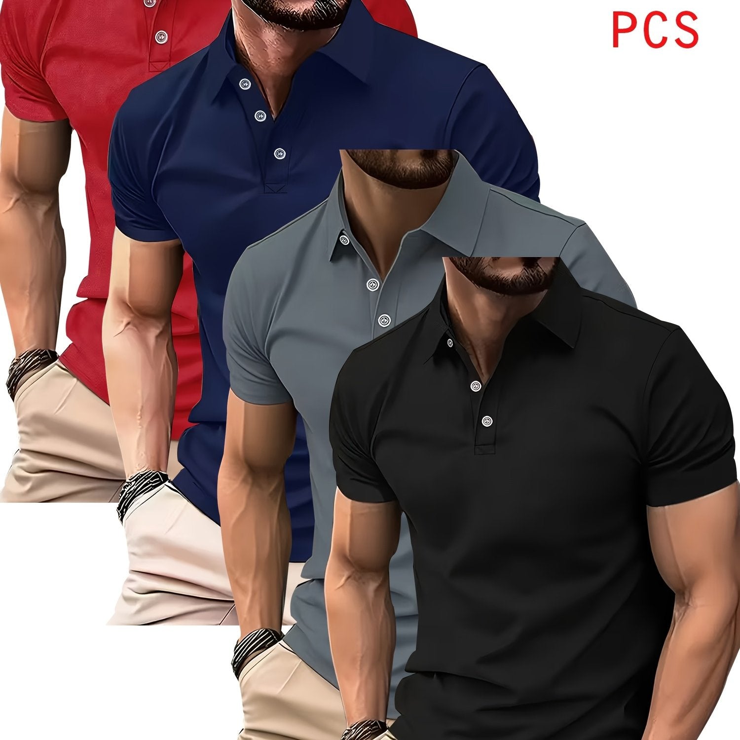 4‑Piece Quick‑Dry Polo Shirt – Breathable Stretch Polyester, Solid Color, Short Sleeve, Lapel Collar