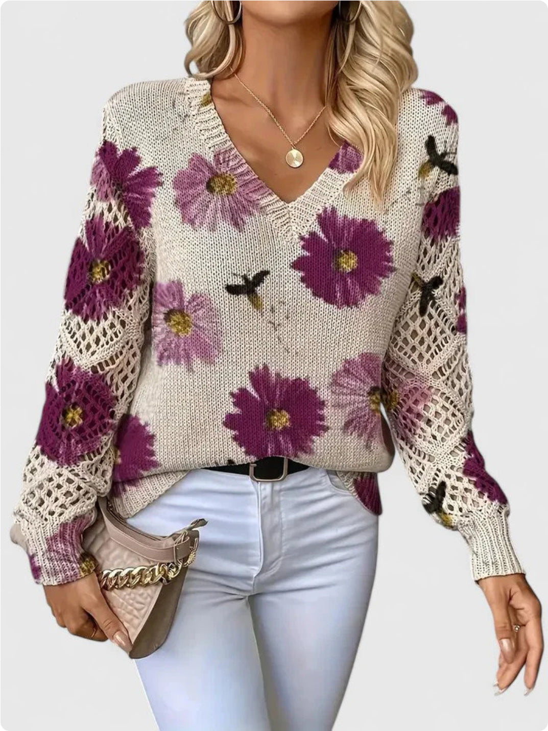 Elegant Bohemian Floral V-neck Long Sleeve Fashion Printed Sweater