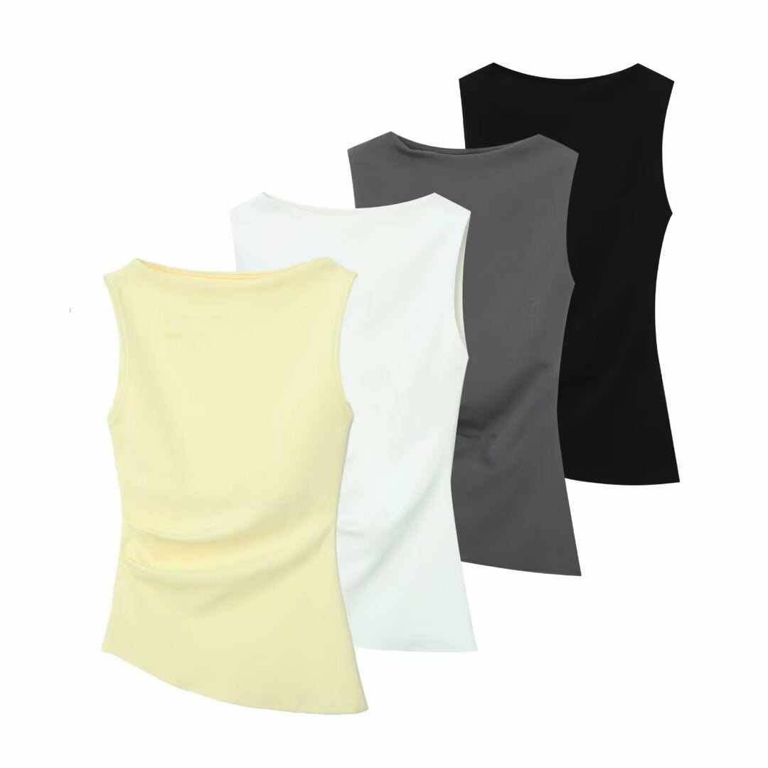 Vibrant Asymmetric Boat Neck Sleeveless Tee – Trendy Street Style