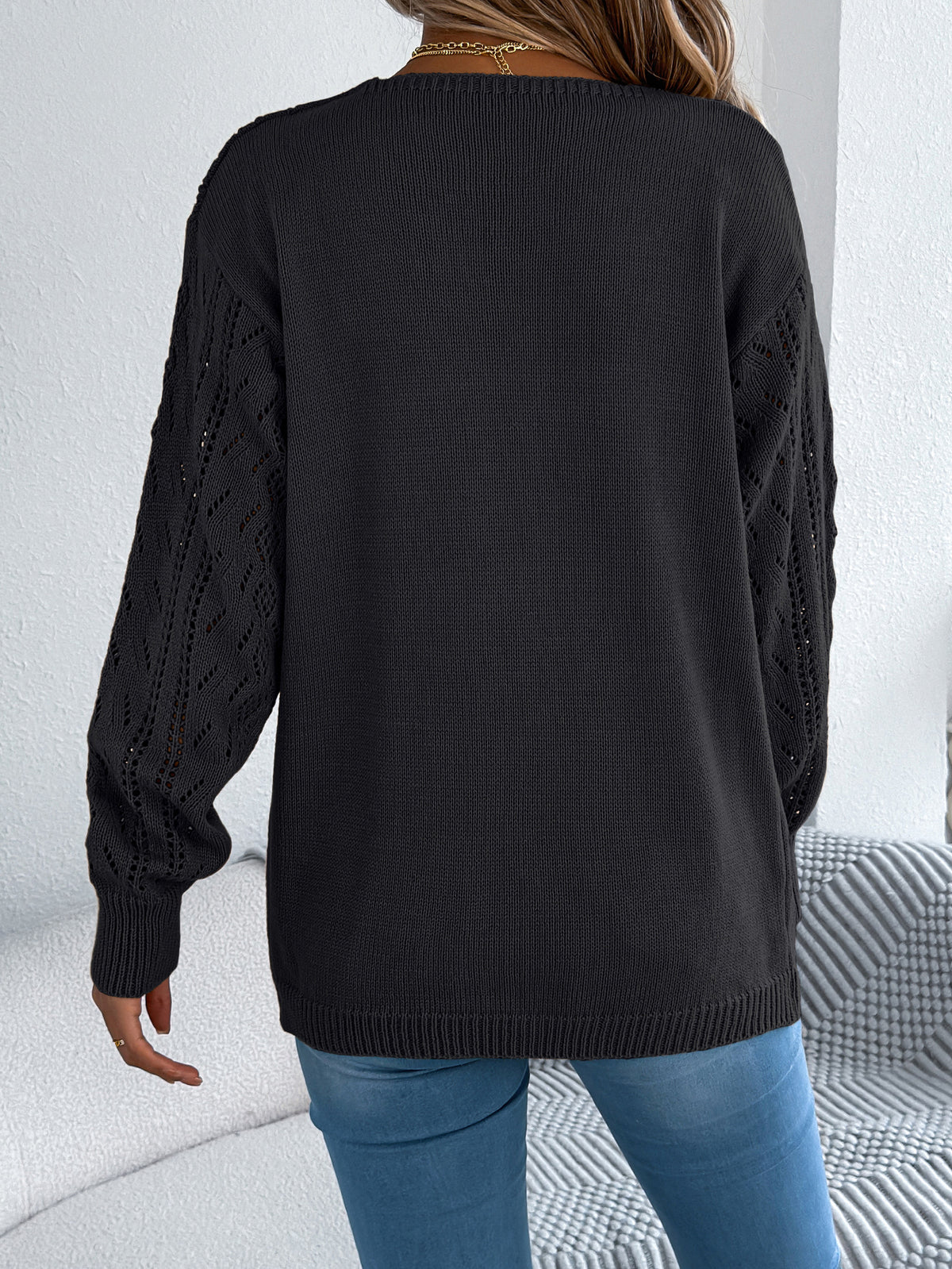 Women Casual Hollow Out Lantern Sleeve Long Sleeve Cardigan Sweater Coat
