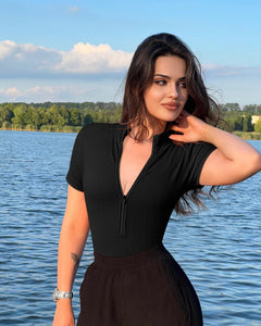 Ribbed Short Sleeve Zipper Jumpsuit