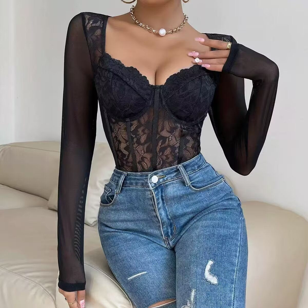 Women's Black Lace Hollow-Out Sheer Bodysuit