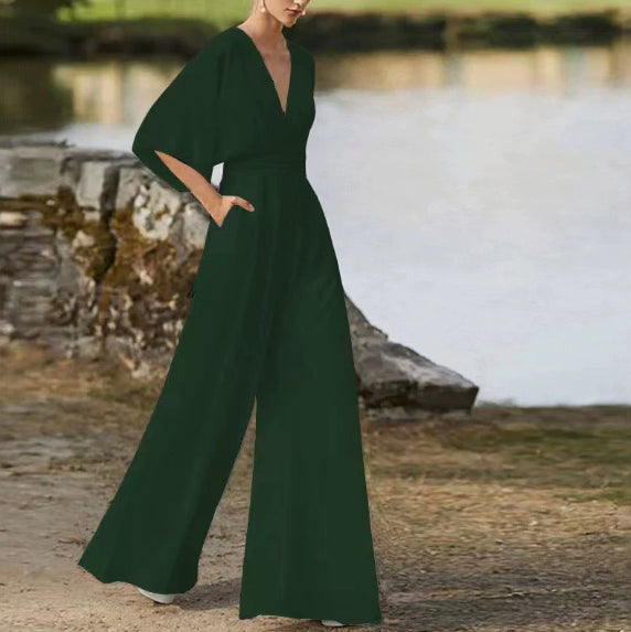 Elegant Solid Wide-Leg Chinese Style Jumpsuit
