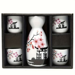 Set of Five Hand-Painted Ceramic Sake Cups and Bottle with Cherry Blossom Design