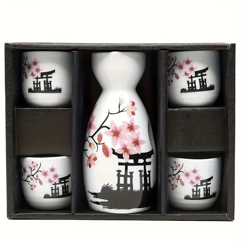 Set of Five Hand-Painted Ceramic Sake Cups and Bottle with Cherry Blossom Design
