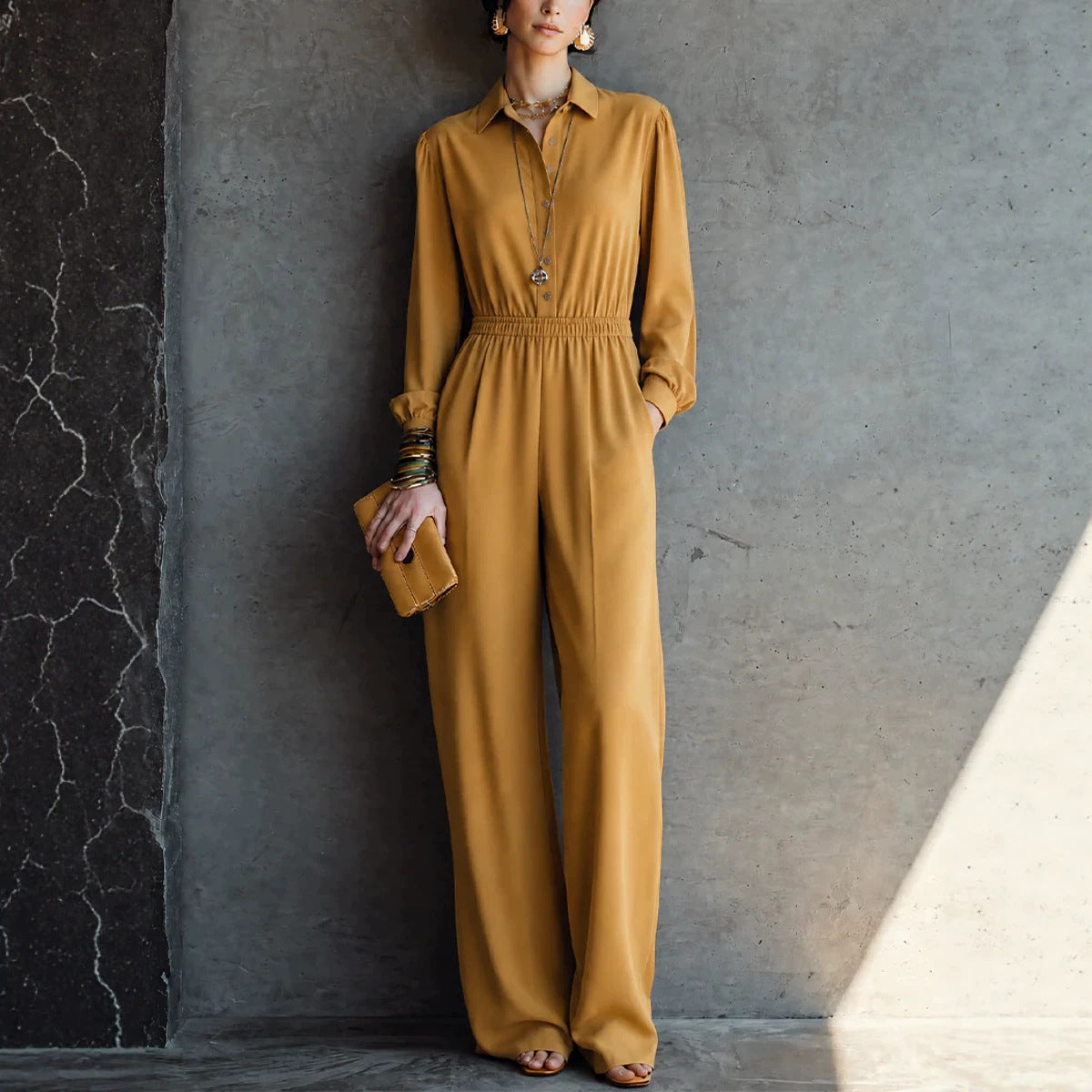 Casual Solid Color Pocket Long Sleeve Jumpsuit