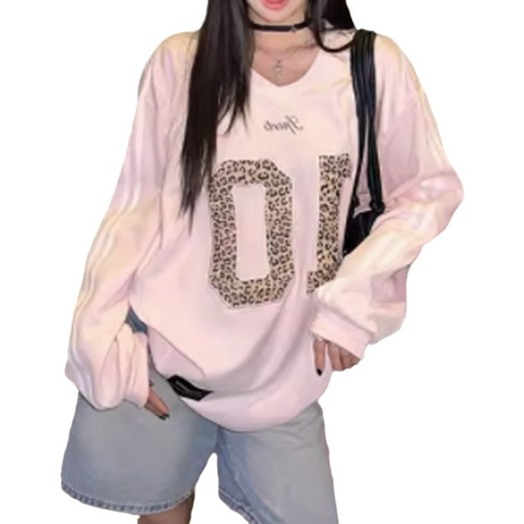Retro Leopard Letter Long-Sleeve Loose Sweater Top