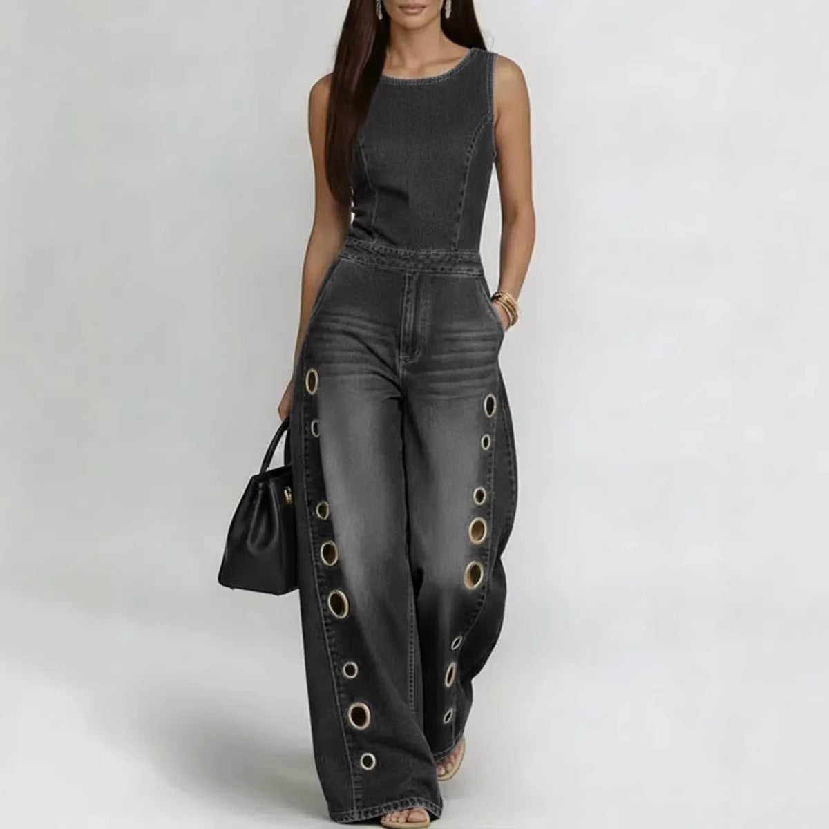High-waisted Loose-fit Cutout Metal-detail Denim Jumpsuit