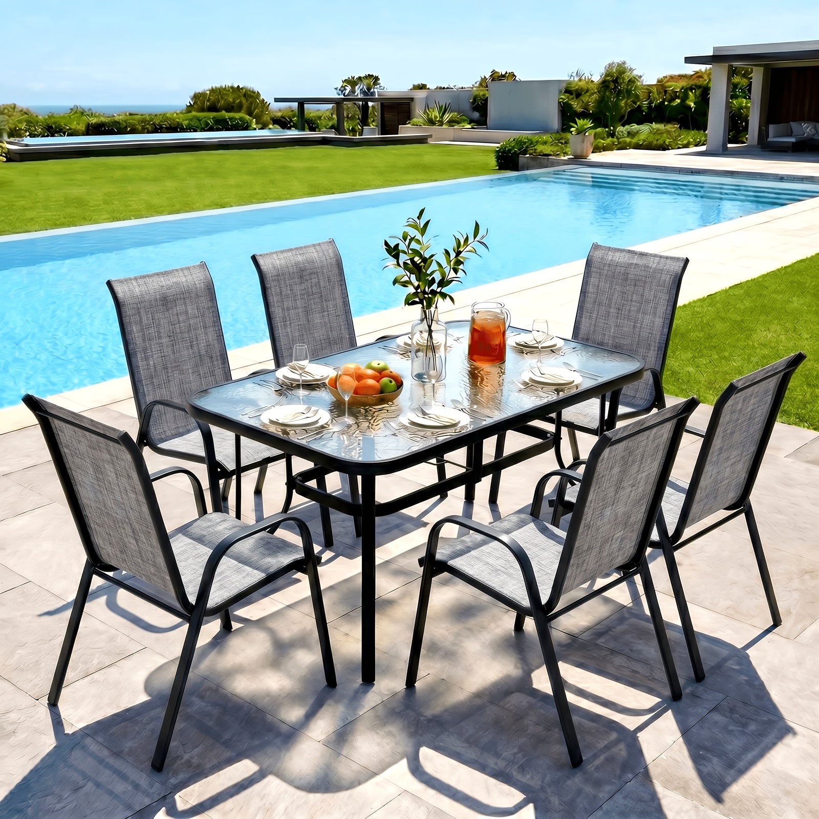 [All Weather Patio Set] Patio Dining Set for 6, Outdoor Table And Chairs W/ 1.69" Umbrella Hole, 30" X 55" Table And Stackable Textilene Chair, All Weather Patio Furniture Set (Umbrella Not Included)