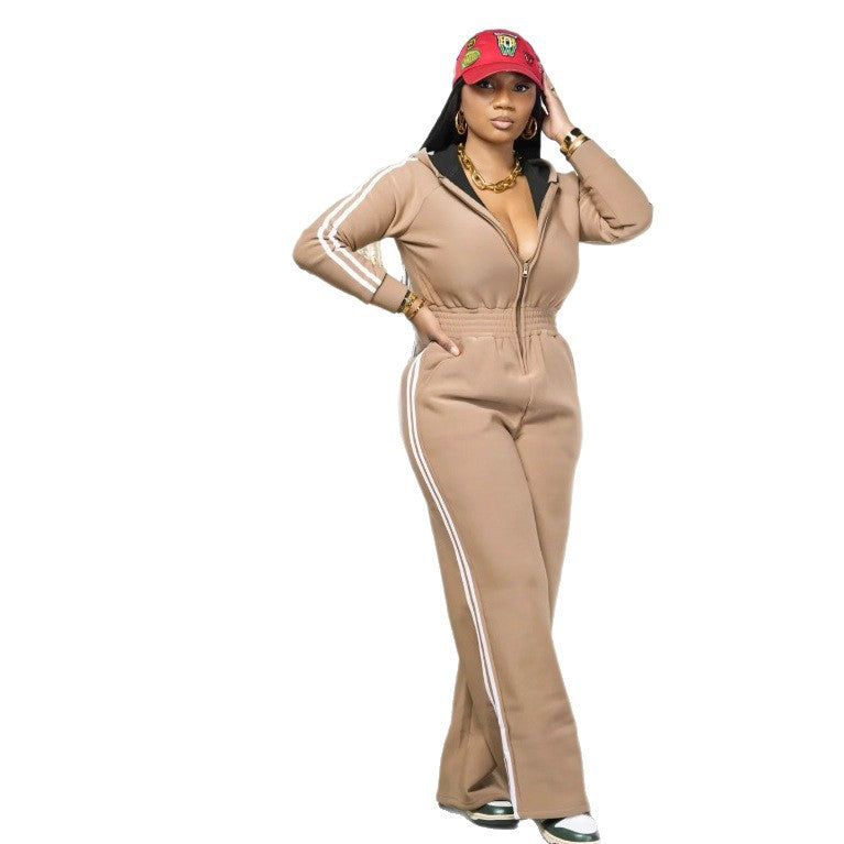 Color-Block Hooded Long Sleeve Jumpsuit